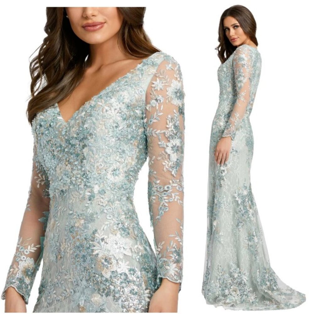NWT MAC DUGGAL EMBELLISHED‎ V NECK ILLUSION LONG SLEEVE GOWN 67539 SEA MIST